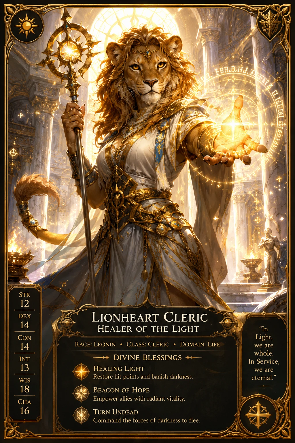 Lion girl healer casting light magic in a grand temple