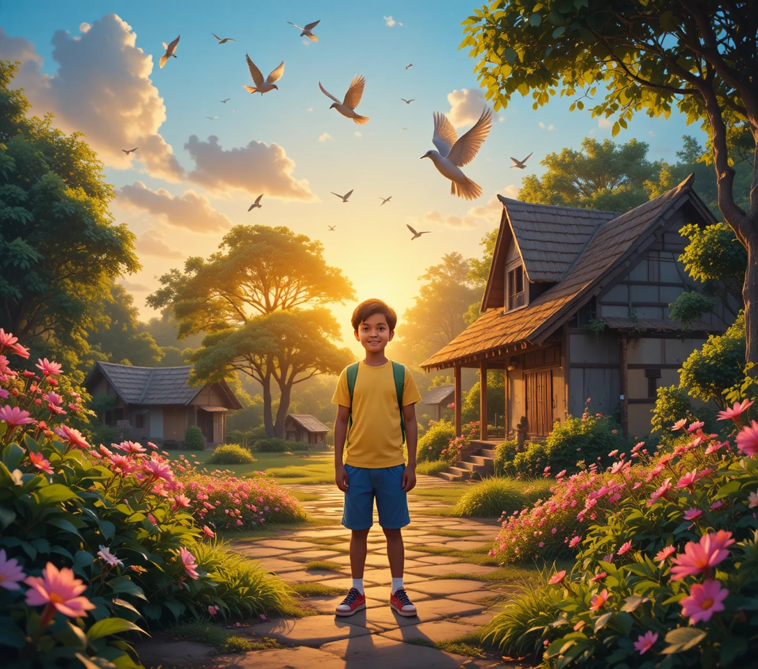 Young village boy at sunrise outside his rural home