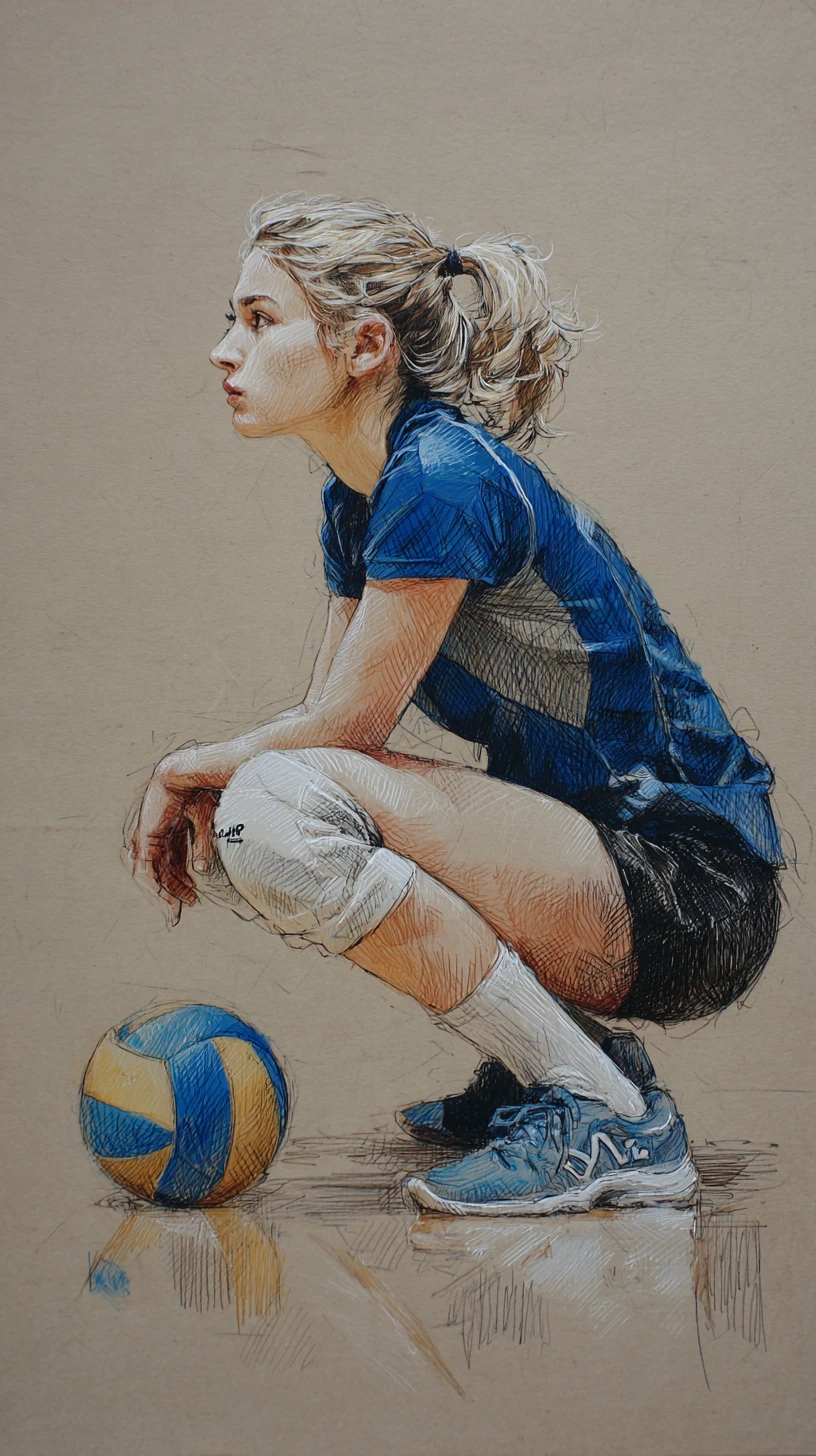 Defensive volleyball player sketch on textured drawing paper