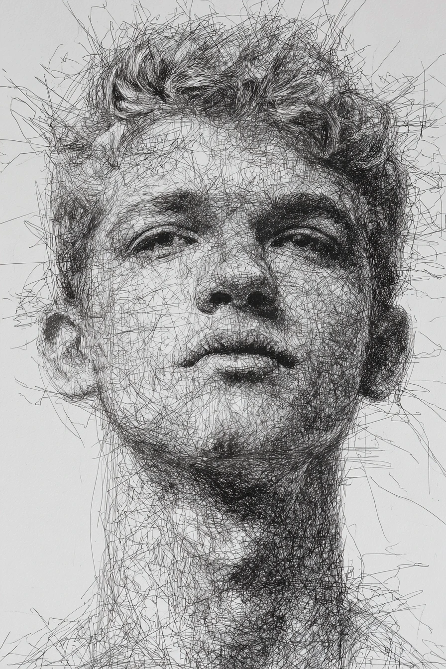 Retrato andrógino a caneta com óculos de lentes amarelas