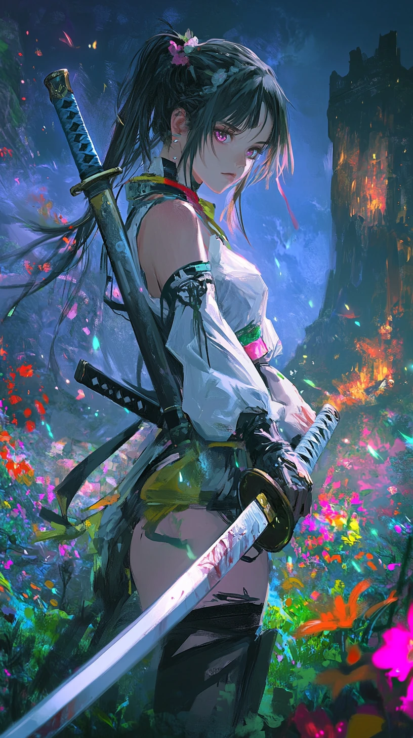 Anime girl in battle stance holding two contrasting swords