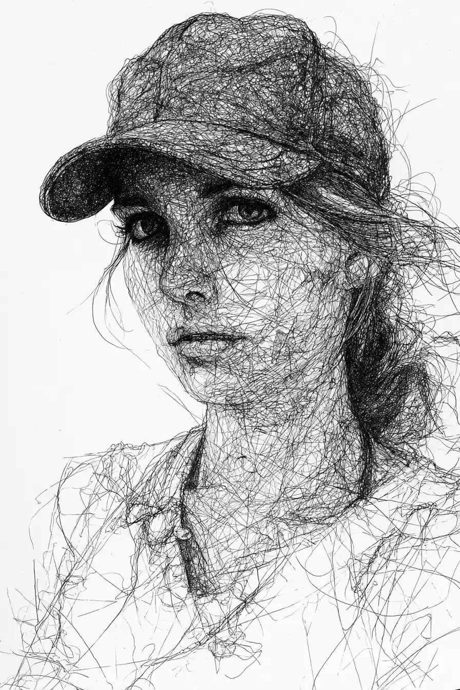 Monochrome ink scribble portrait of a young woman in cap