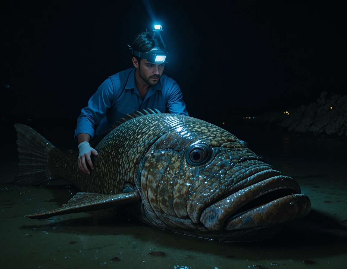 Man studying giant fish under headlamp by dark water