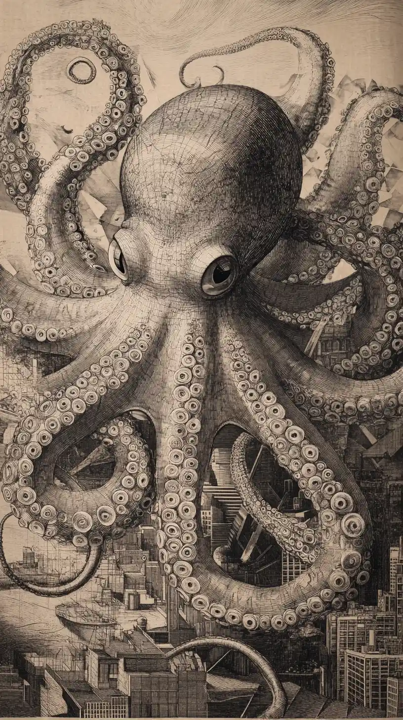 Surreal Octopus With Tentacles Turning Into Architectural Designs