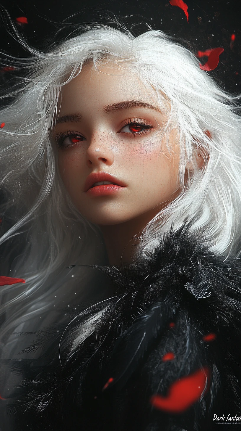 Ethereal white haired girl with glowing crimson eyes