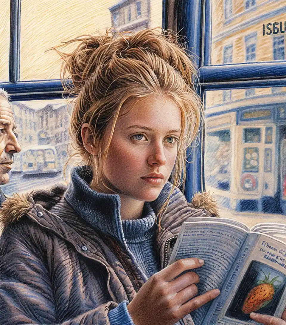 Young woman reading on a tram in soft natural light