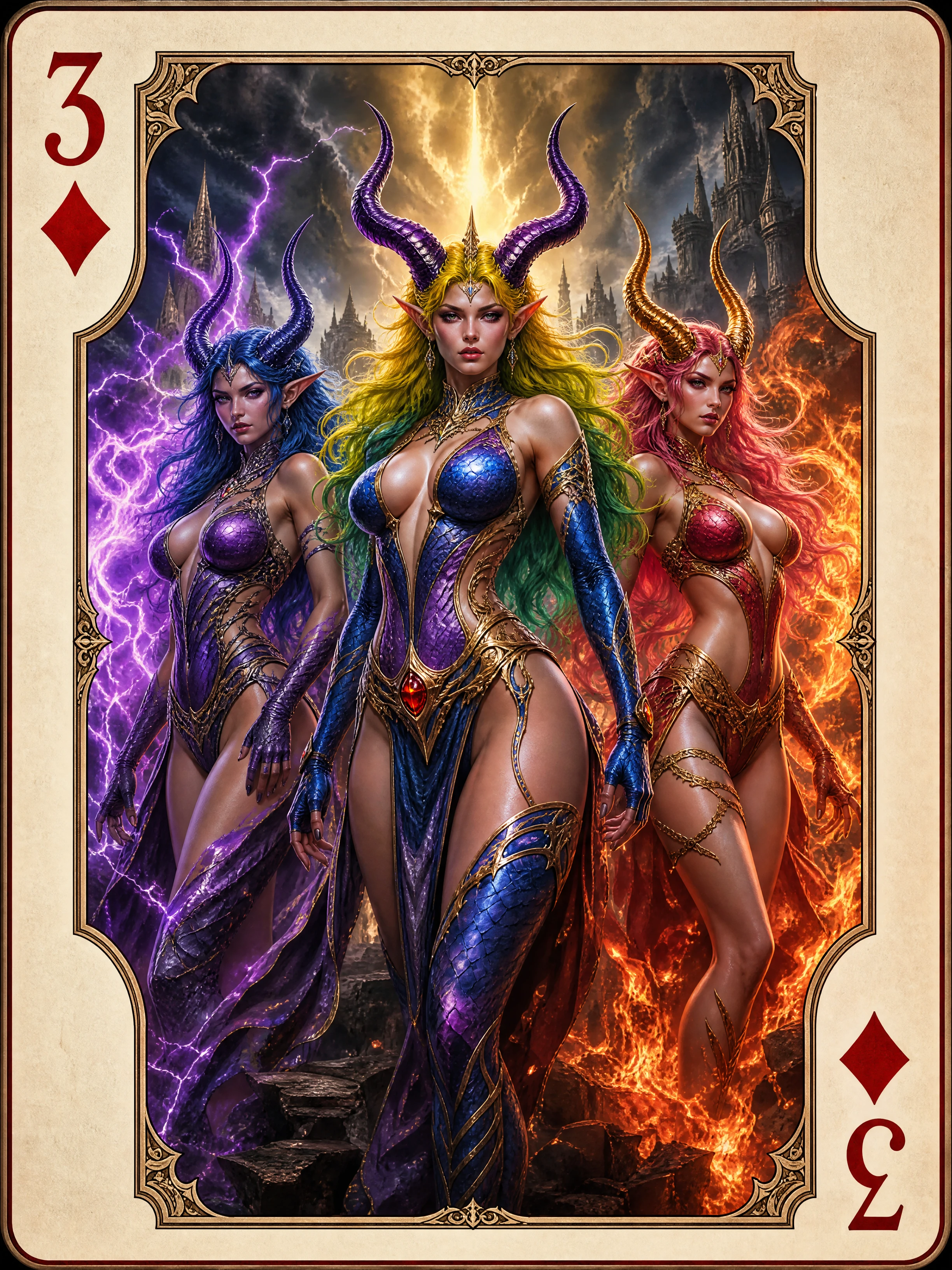 Epic trio of elemental fantasy warrior women in flames