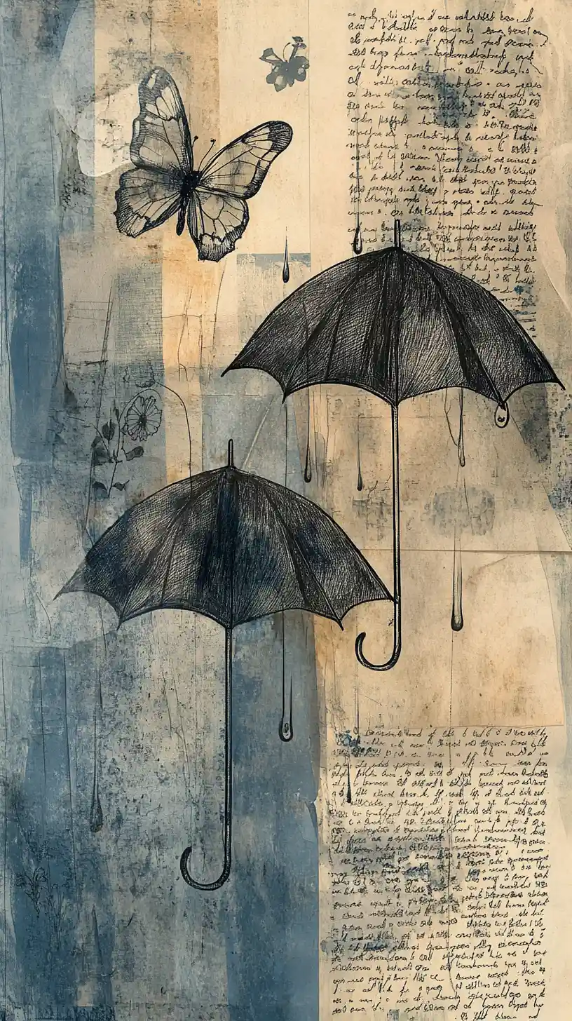 Nostalgic mixed media collage with umbrellas and delicate sketches