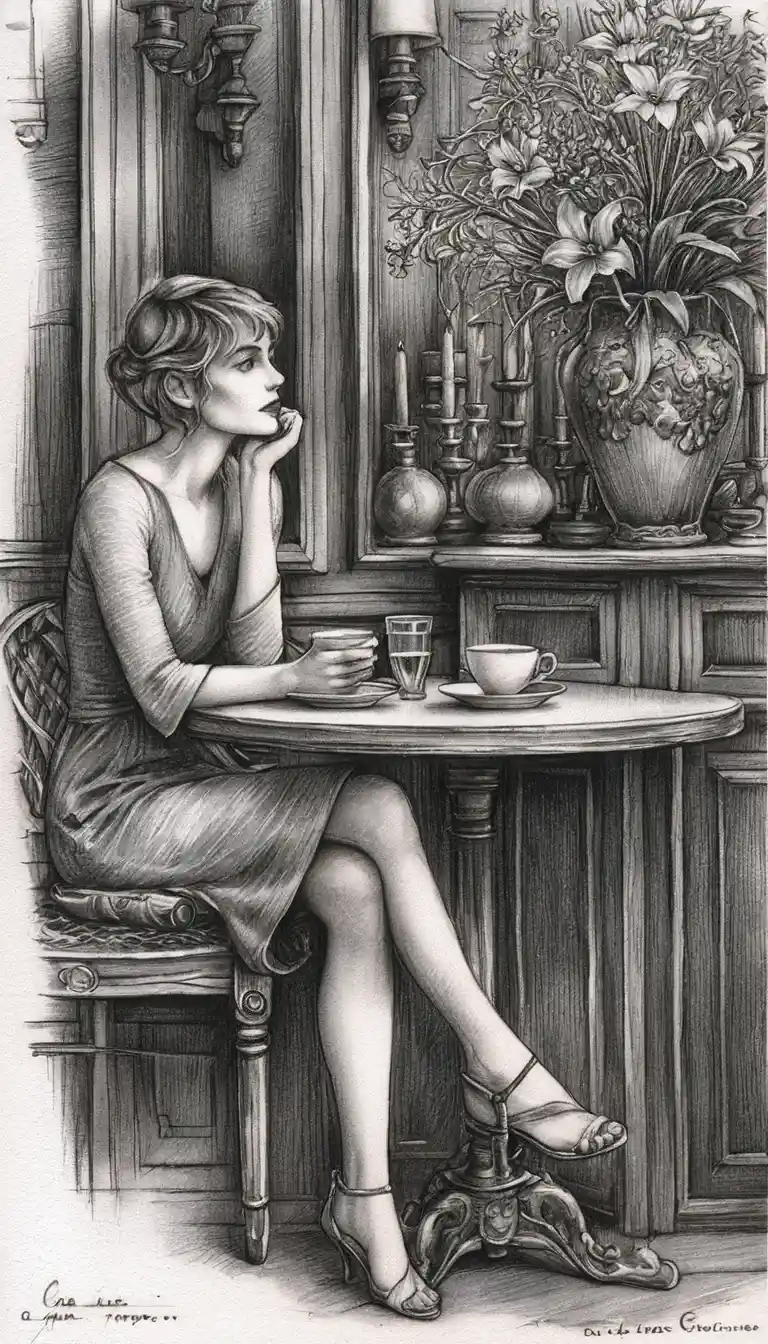 Junge Frau mit Kaffee in eleganter Graphit-Cafészene