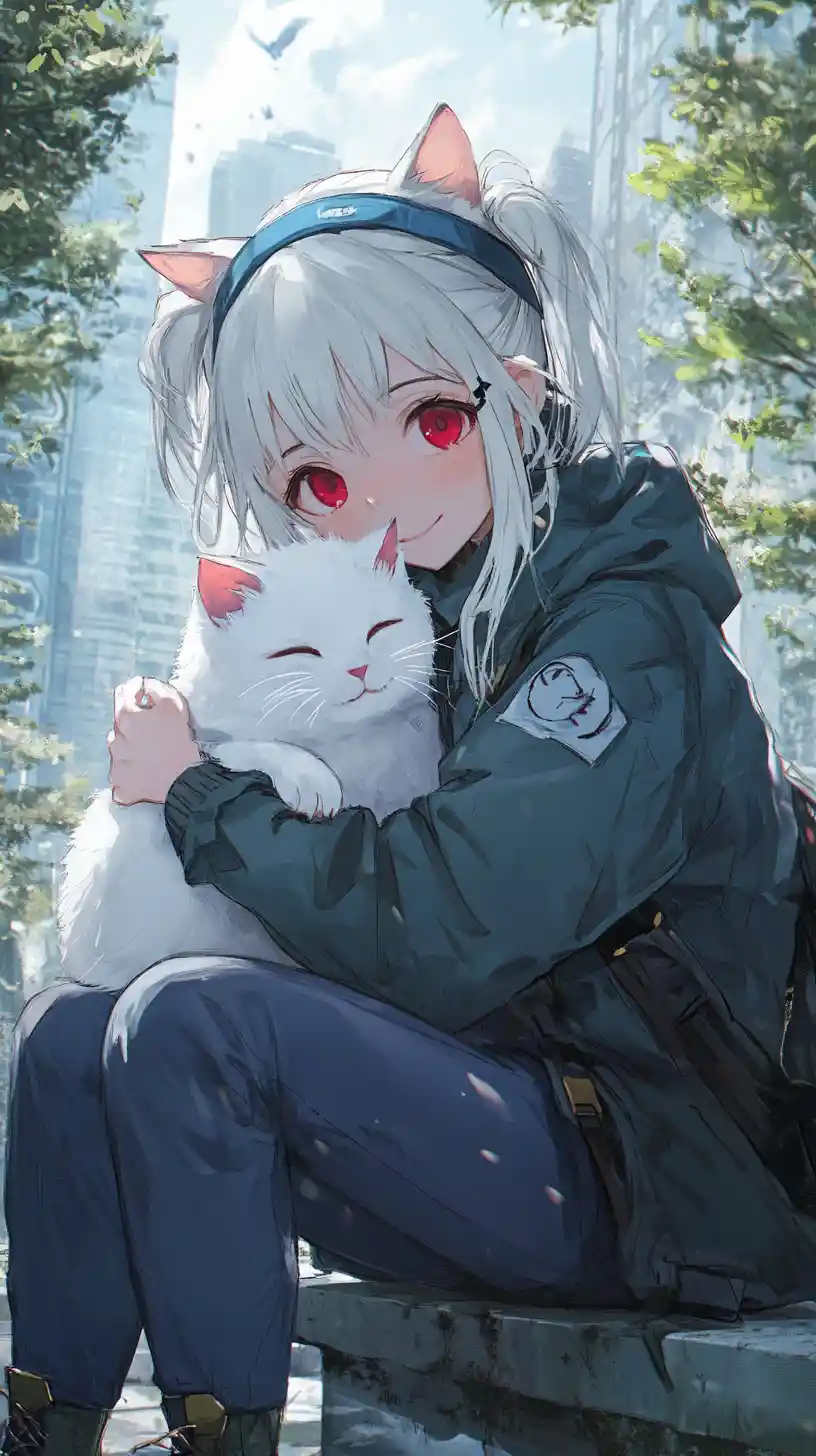 Joyful anime girl hugging a white cat in green city