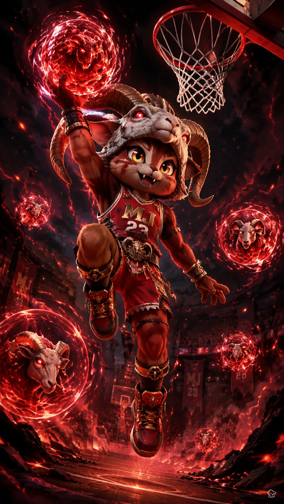 Feline chibi warrior soaring for a powerful fantasy dunk