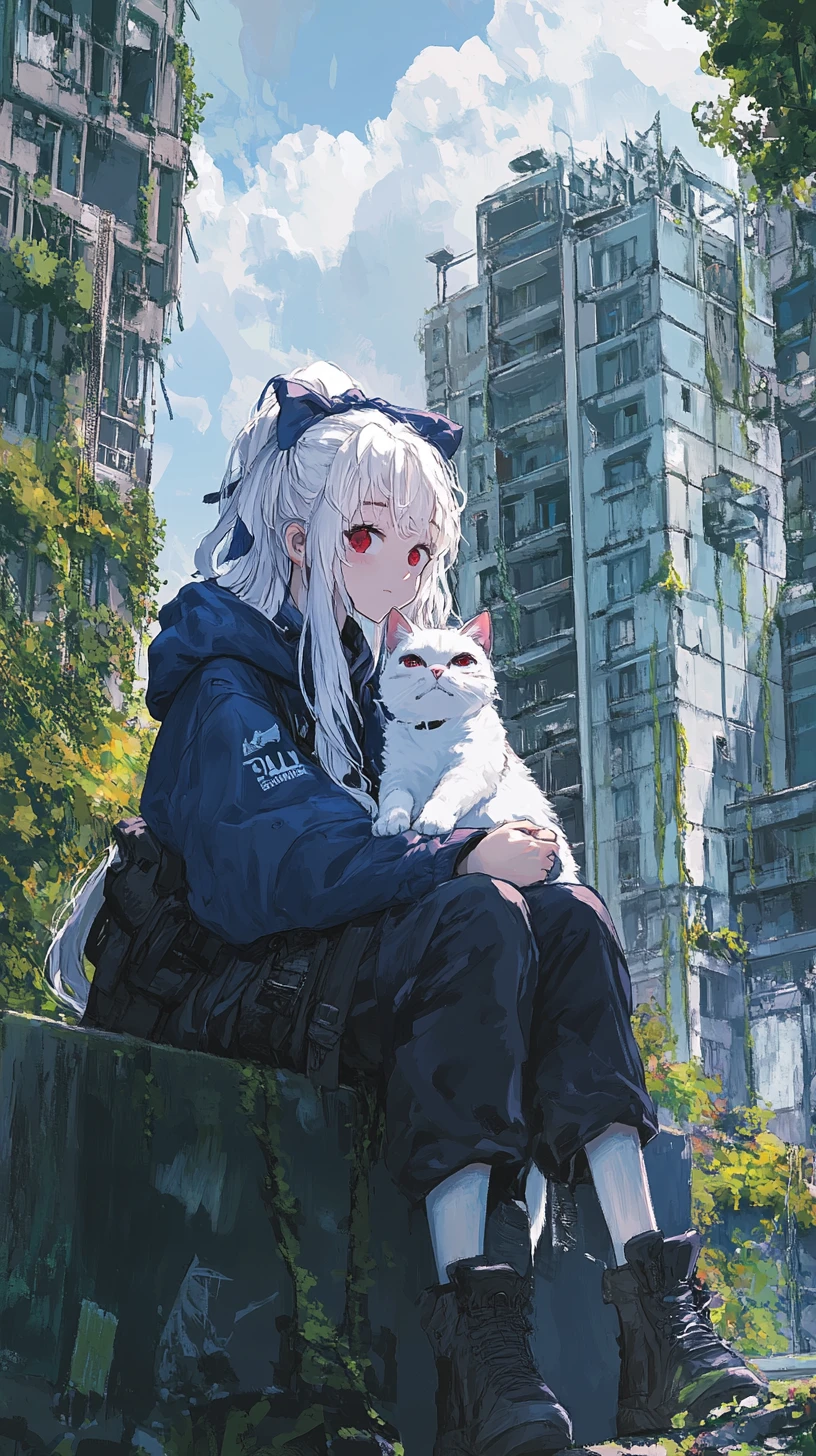 Anime girl joyfully hugging a white cat in city park