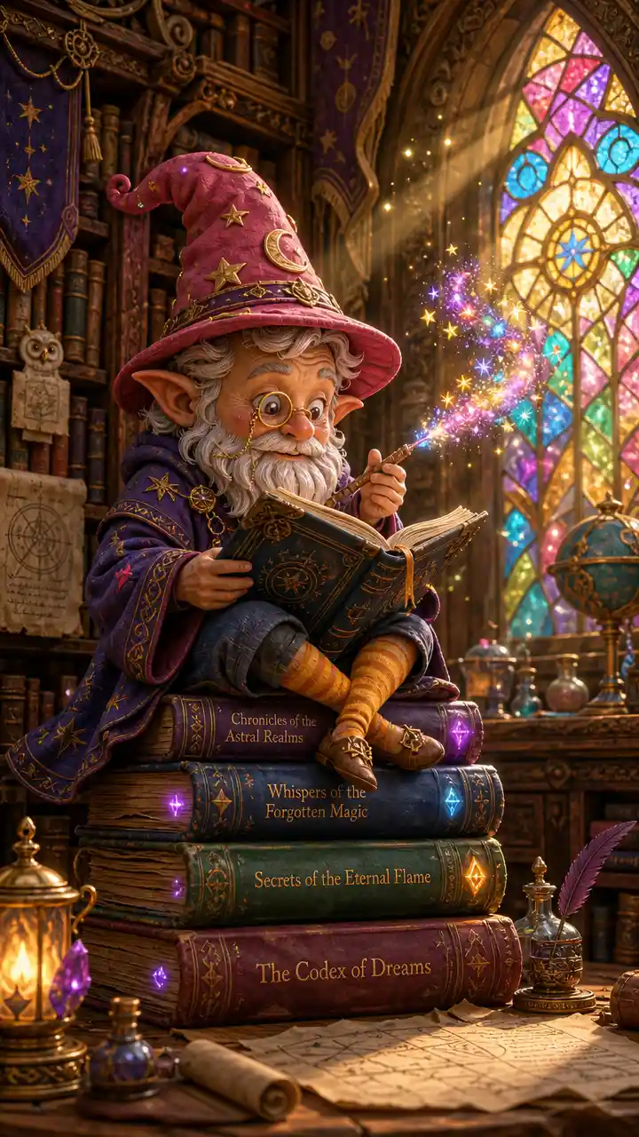 Tiny wizard reading spellbooks in a hidden fantasy library