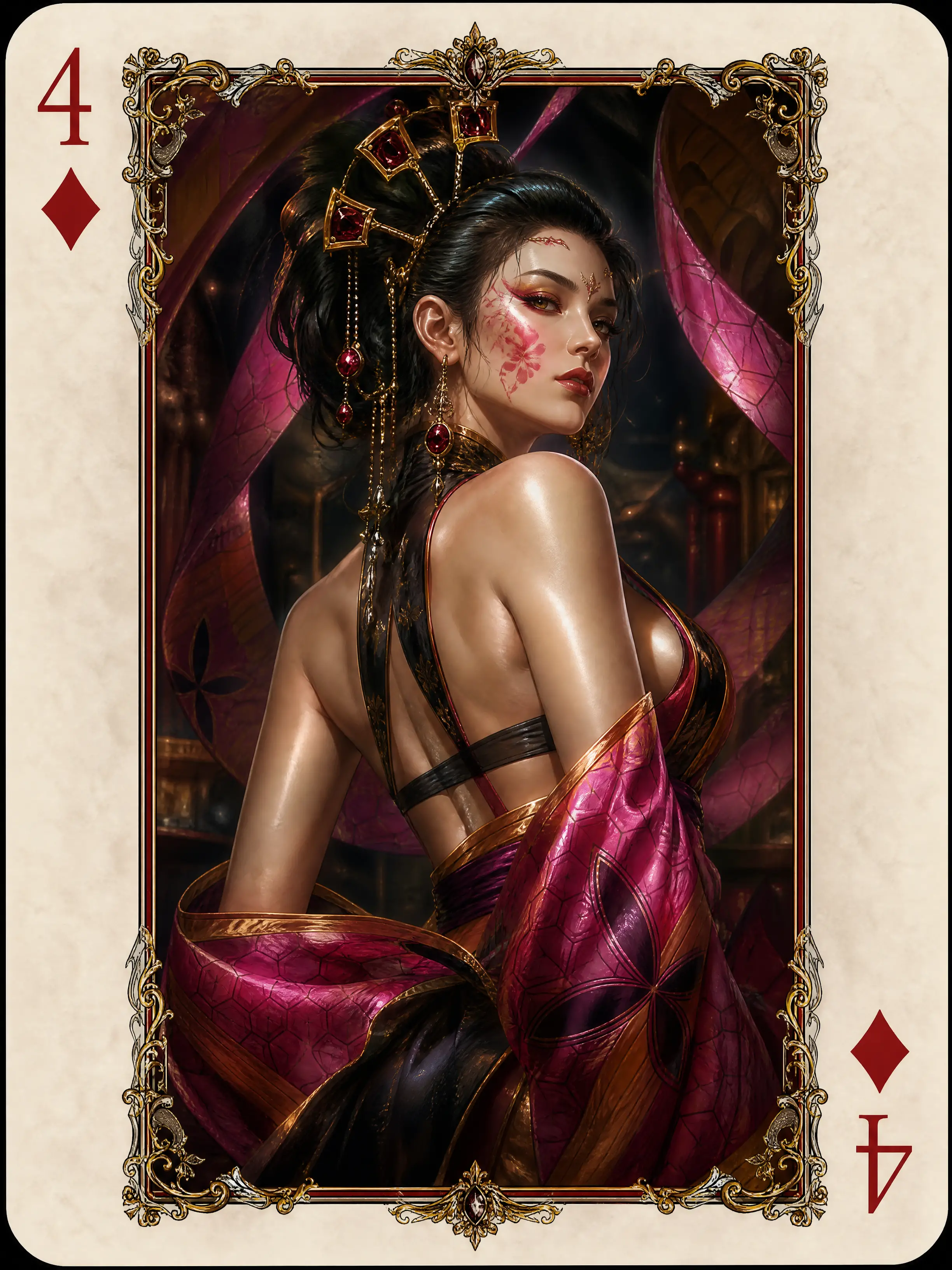 Epic fantasy woman framed in four of diamonds card