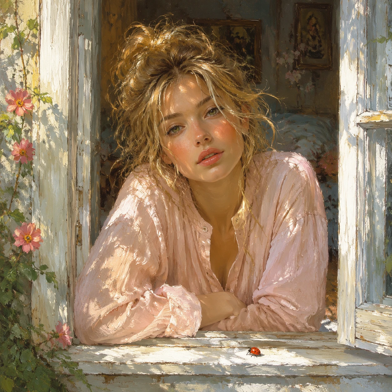 Dreamy blonde woman in pink nightshirt at morning window