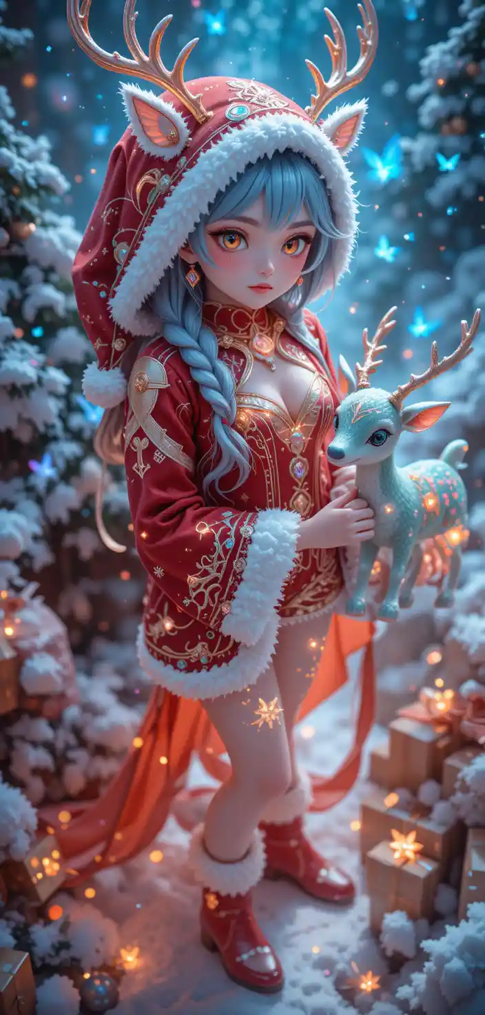Anime reindeer girl in snowy magical Christmas fantasy