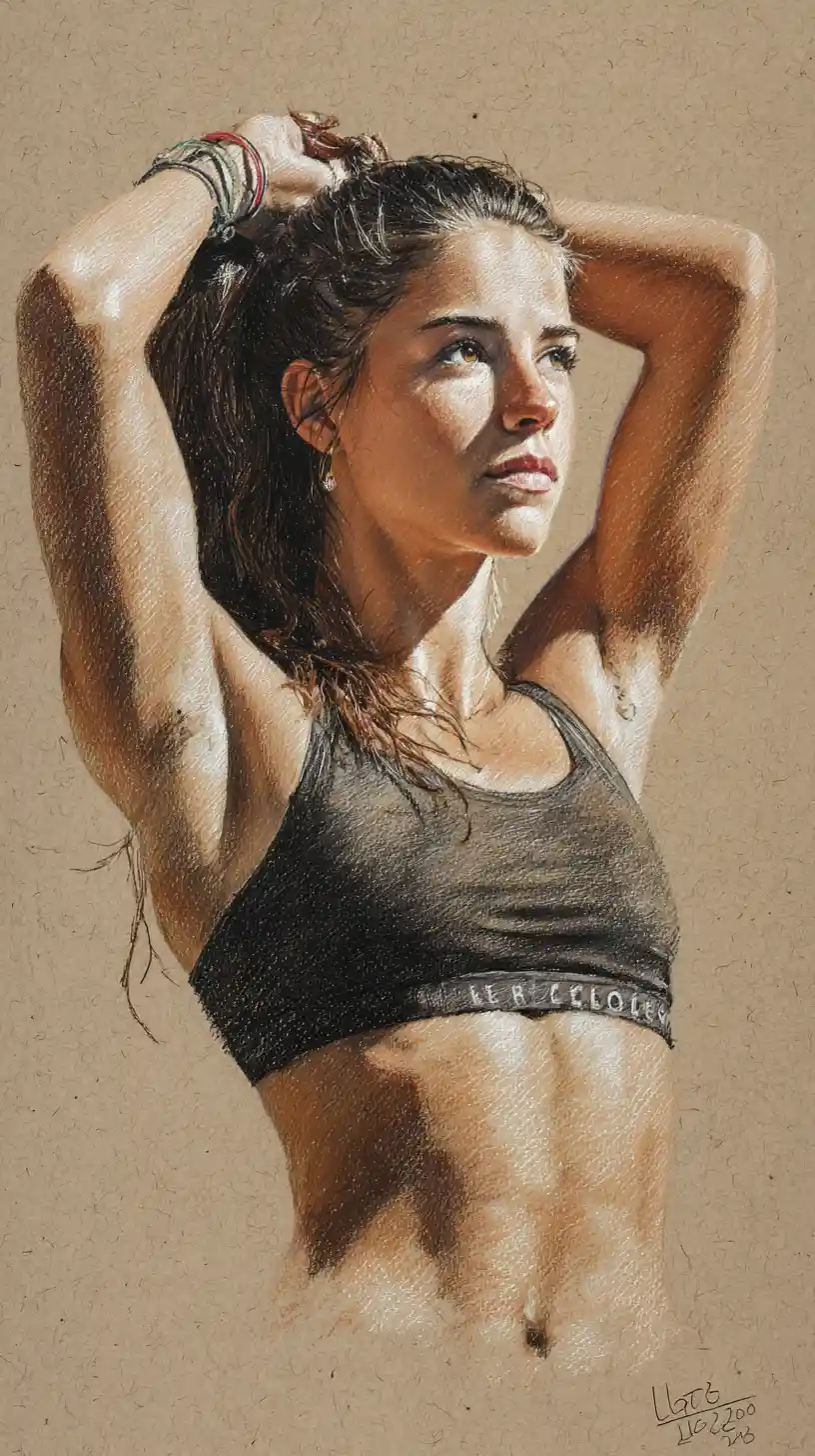 Athletic woman tying ponytail with vaulting pole on shoulder