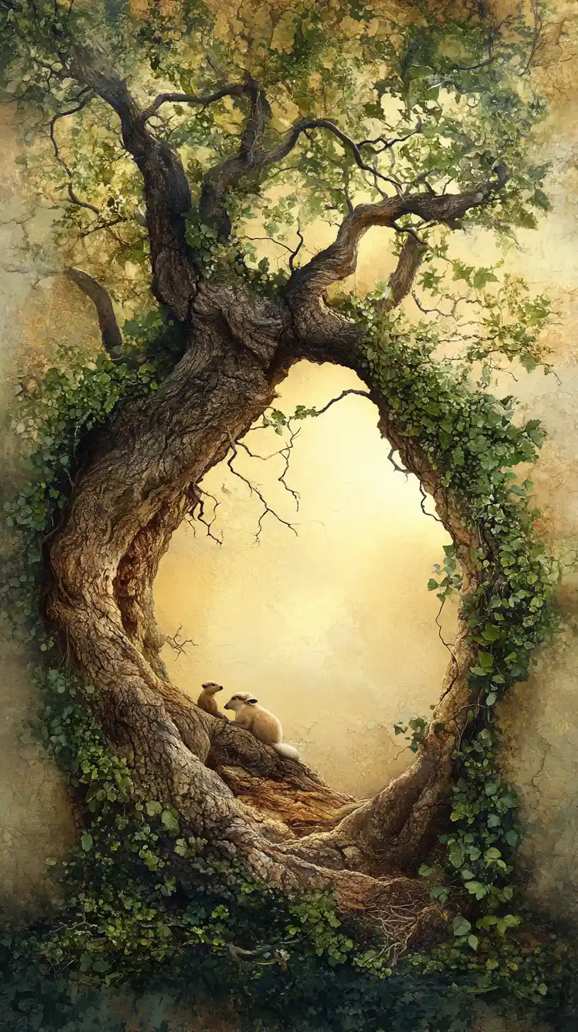 Ancient split tree blooming softly in warm forest light