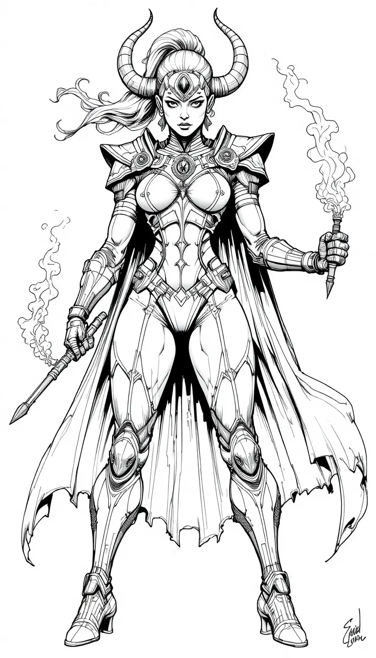 Guerriera con quattro braccia in audace lineart a inchiostro in stile fumetto