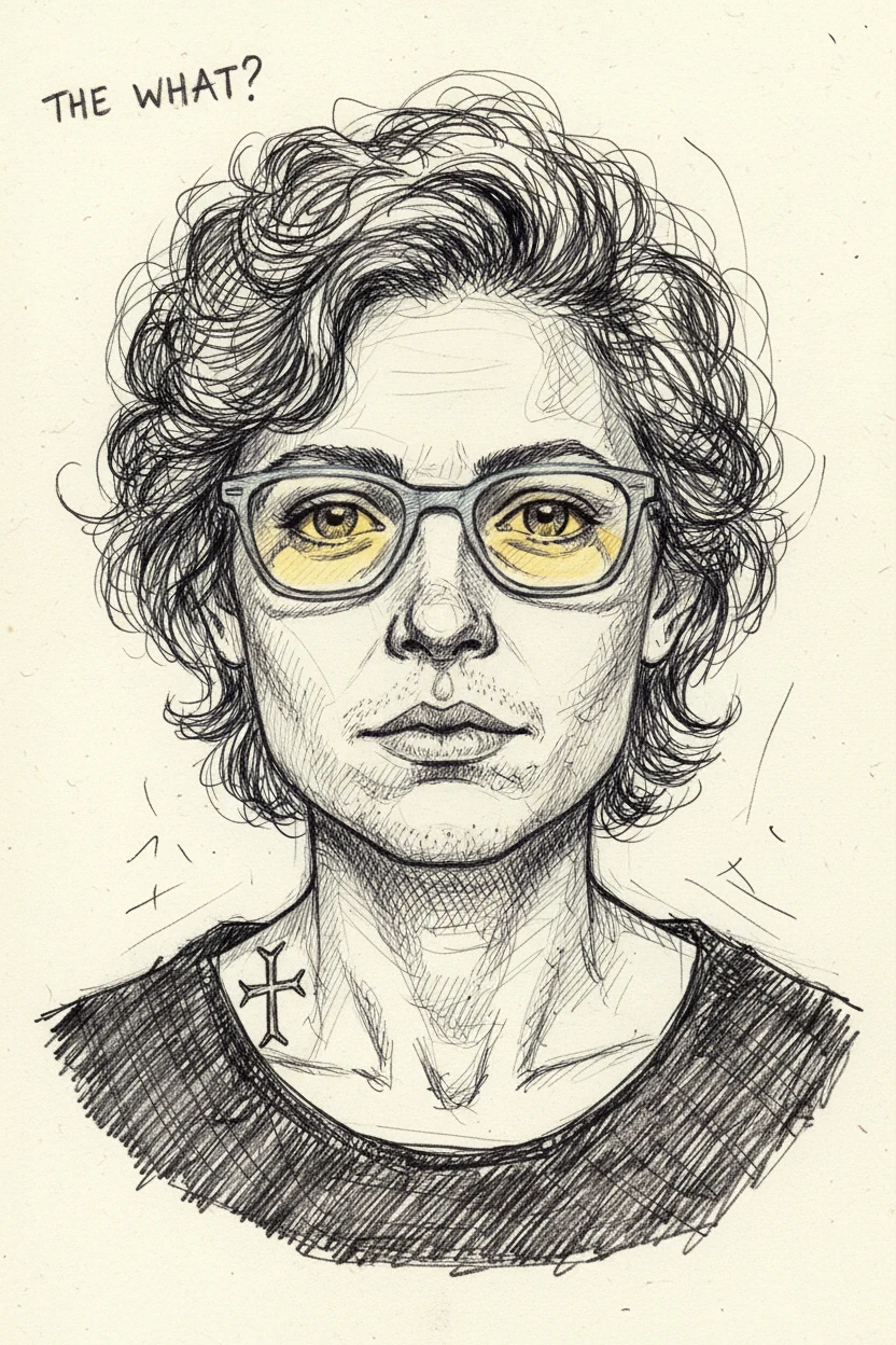 Expressive pen portrait of an androgynous person with yellow glasses