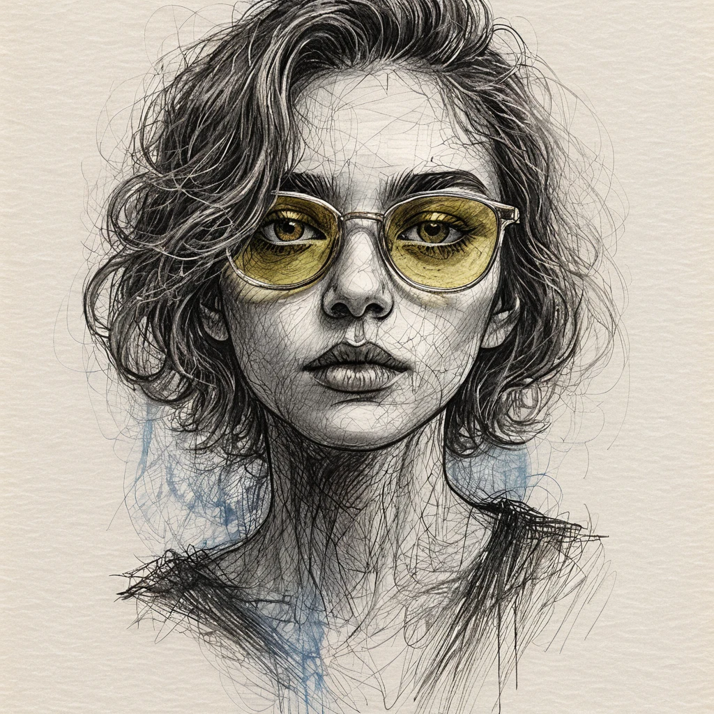 Kontemplatives Tintenporträt einer androgynen Person mit Brille