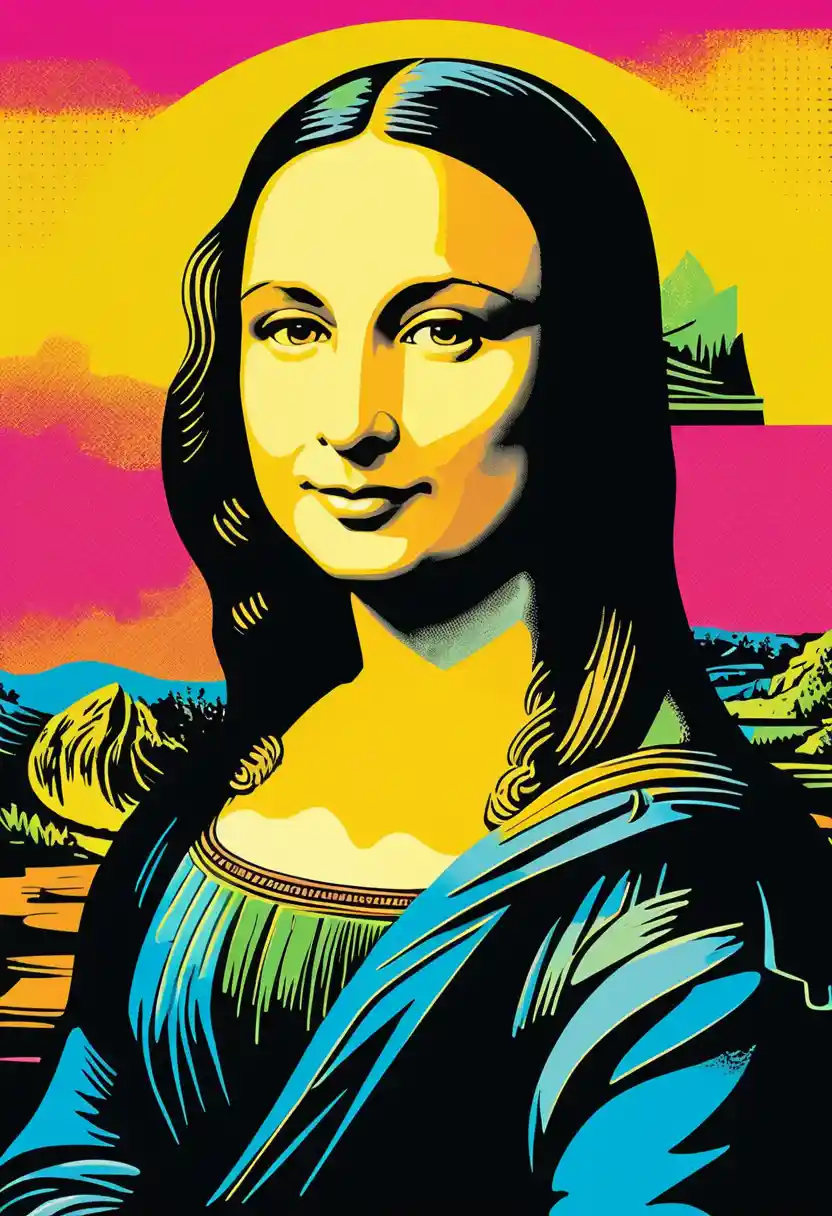Vibrant pop art portrait of the Mona Lisa in neon colors