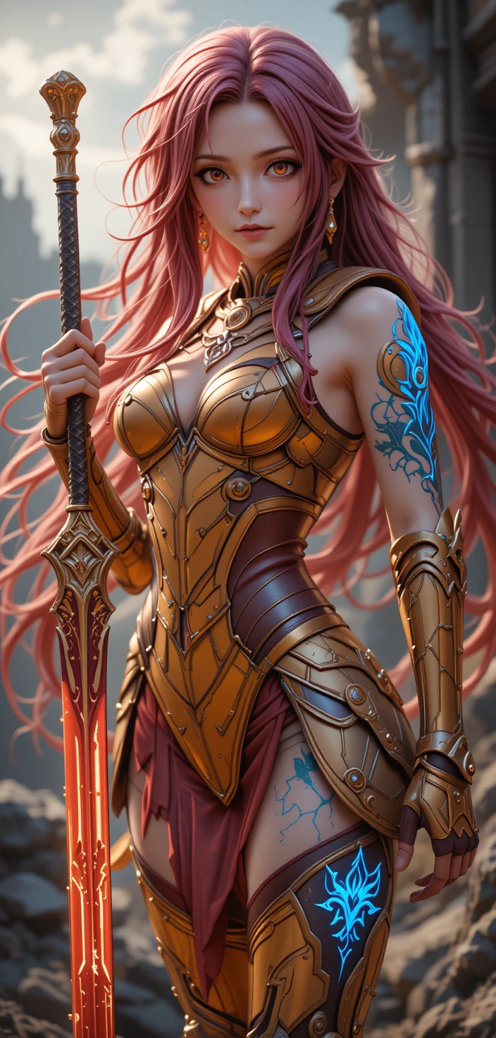 Anime flame armored warrior woman with glowing runes
