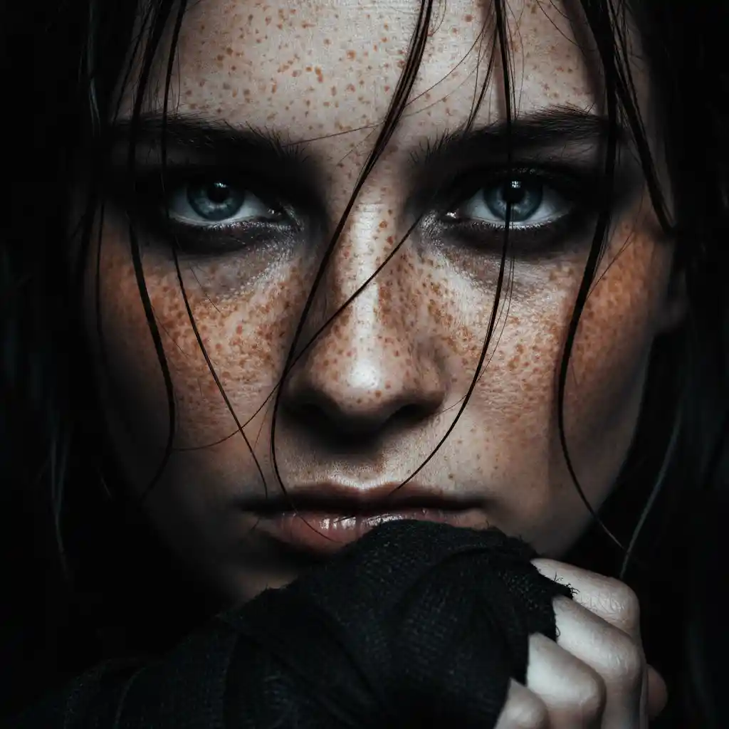 Intense freckled woman portrait with piercing blue eyes