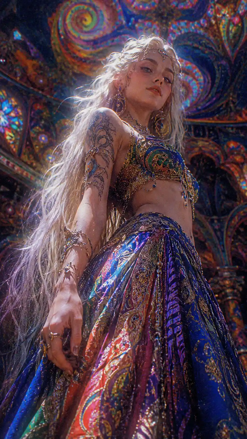 Fantasy royal woman in vibrant surreal low angle portrait
