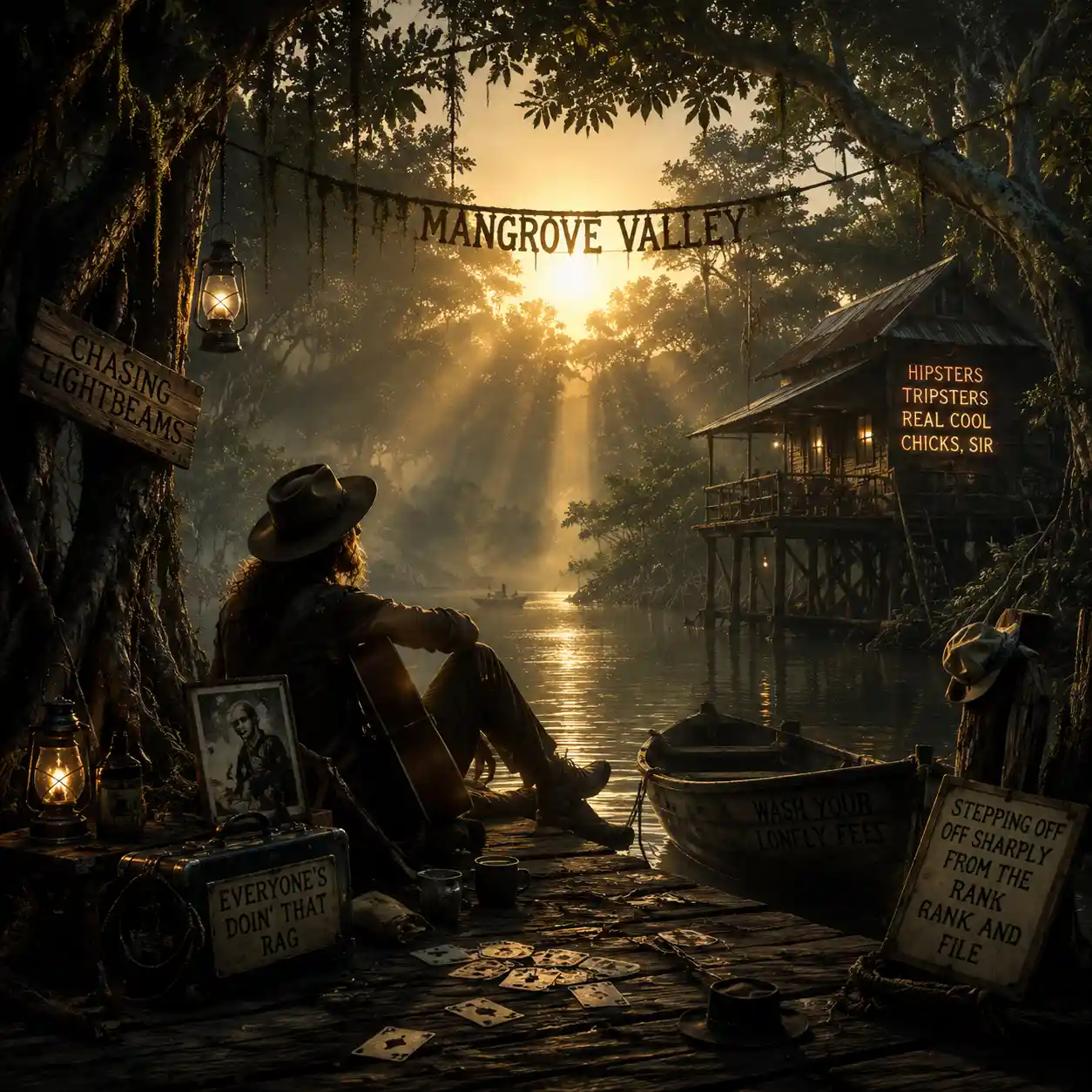 Person sitting in a mangrove valley with streaming light beams
