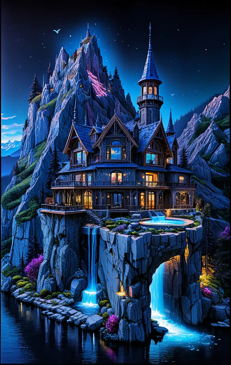 Fantasy mountain castle carved into a dramatic cliffside