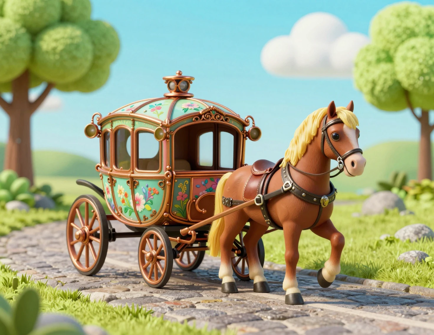 Whimsical Tiny Horse Carriage On A Cobblestone Road