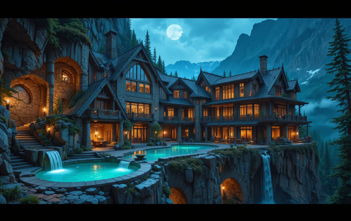 Casa de montaña fantástica con piscinas en cascada en el acantilado