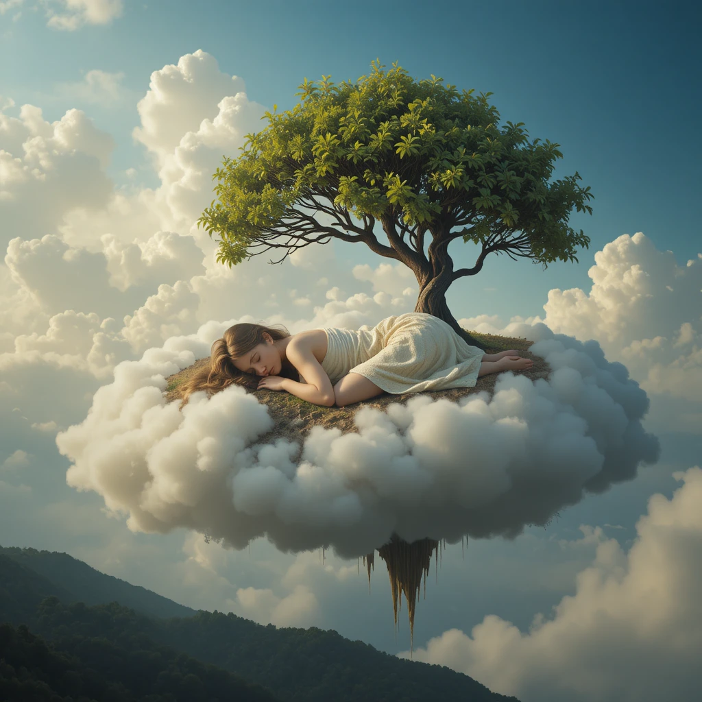 Girl Sleeping On A Cloud Above A Hilltop Tree