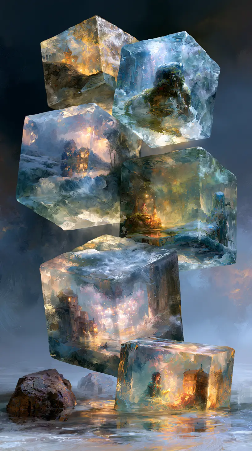 Surreal levitating ice cubes with glowing miniature worlds