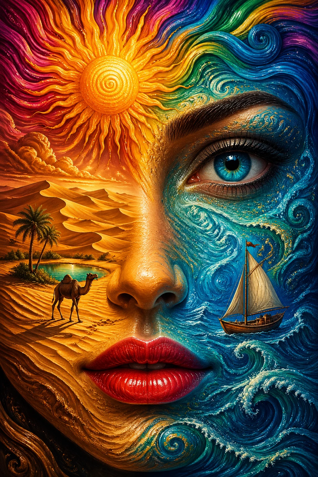 Surreal female face blending desert sea and radiant sun