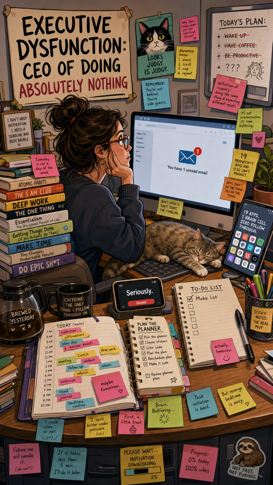 Overwhelmed woman surrounded by planners apps and sticky notes