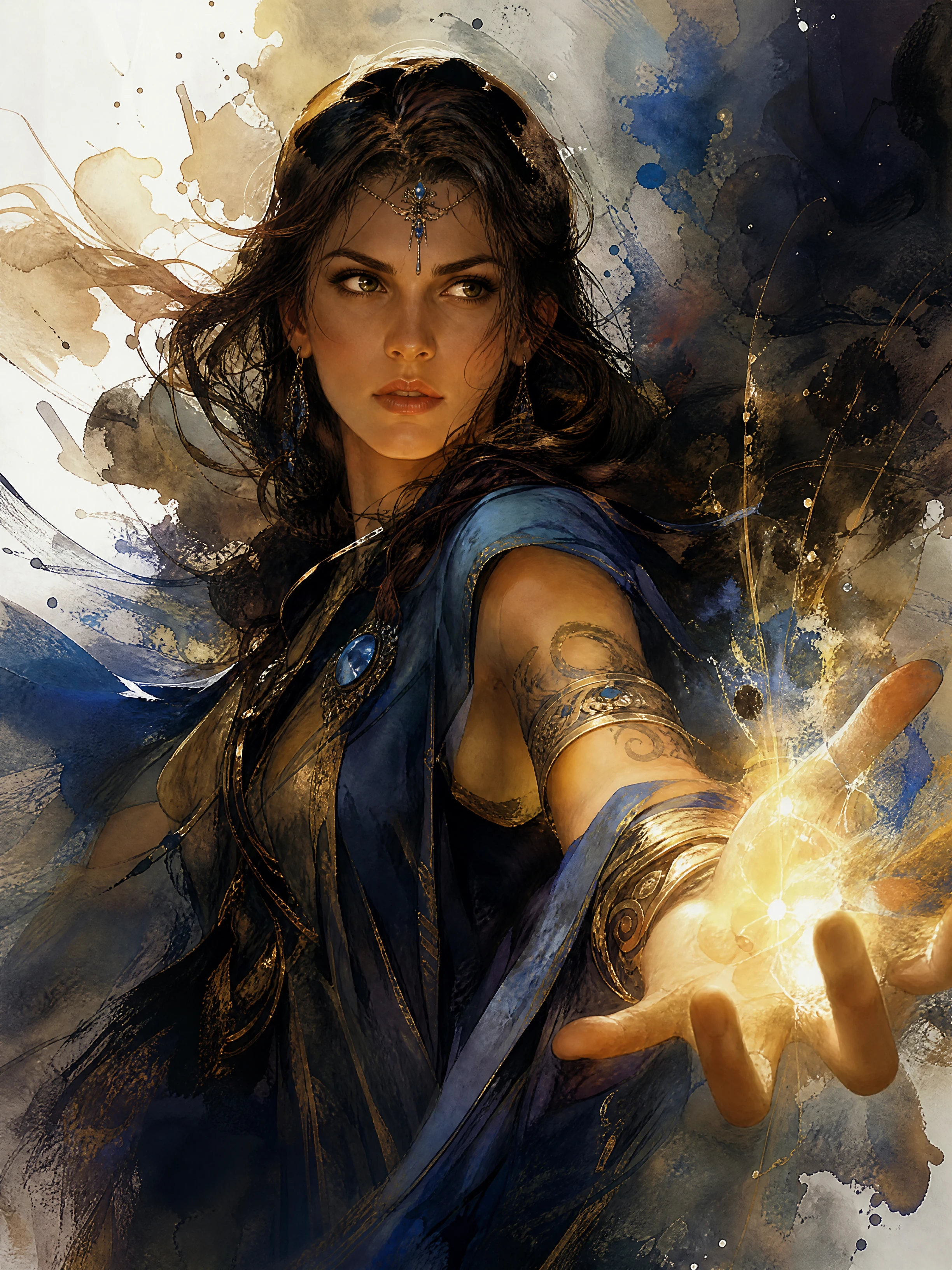 Epic fantasy woman tinker in dramatic jewel toned light