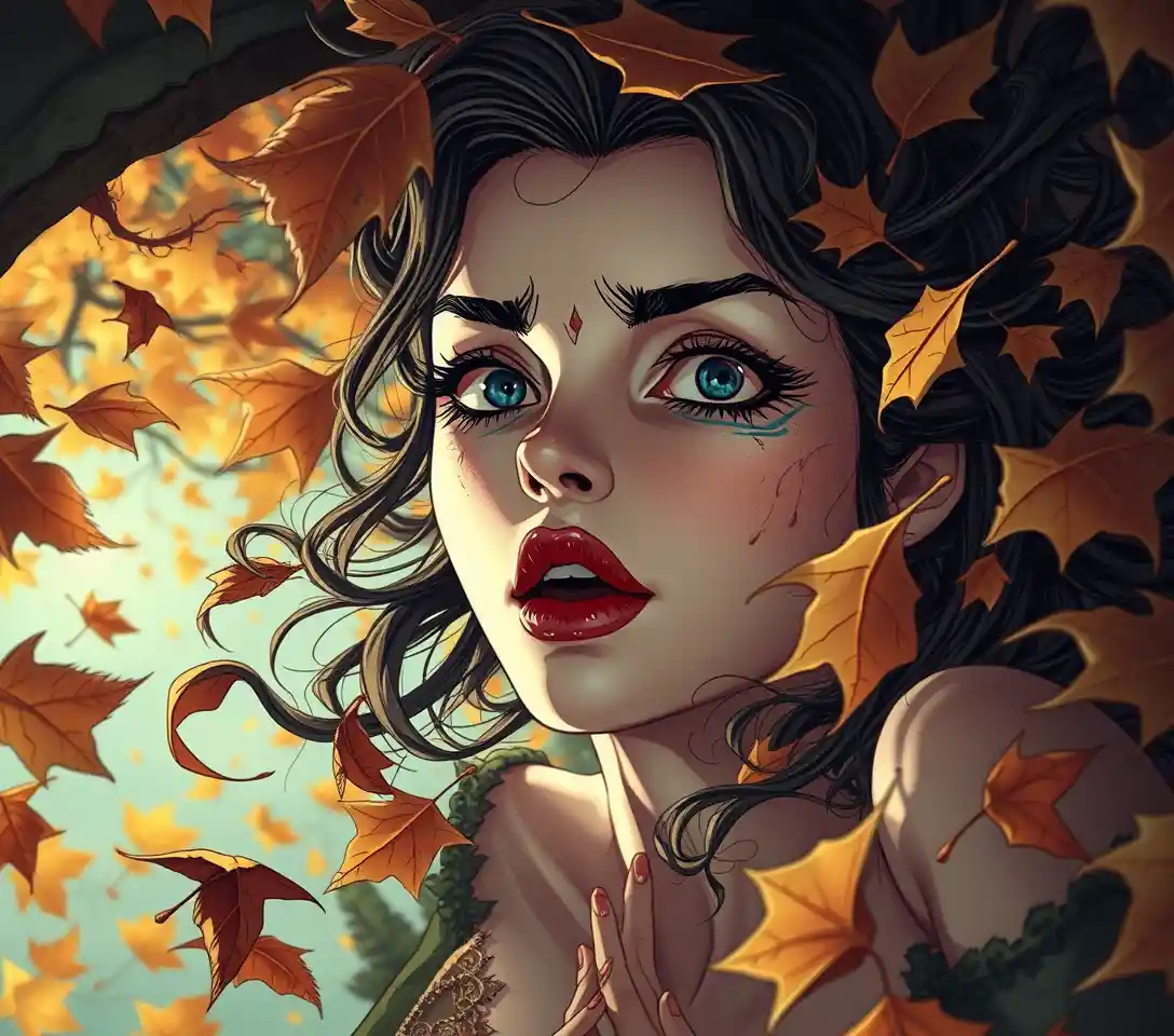 Surreal woman falling through an eerie autumn dreamscape