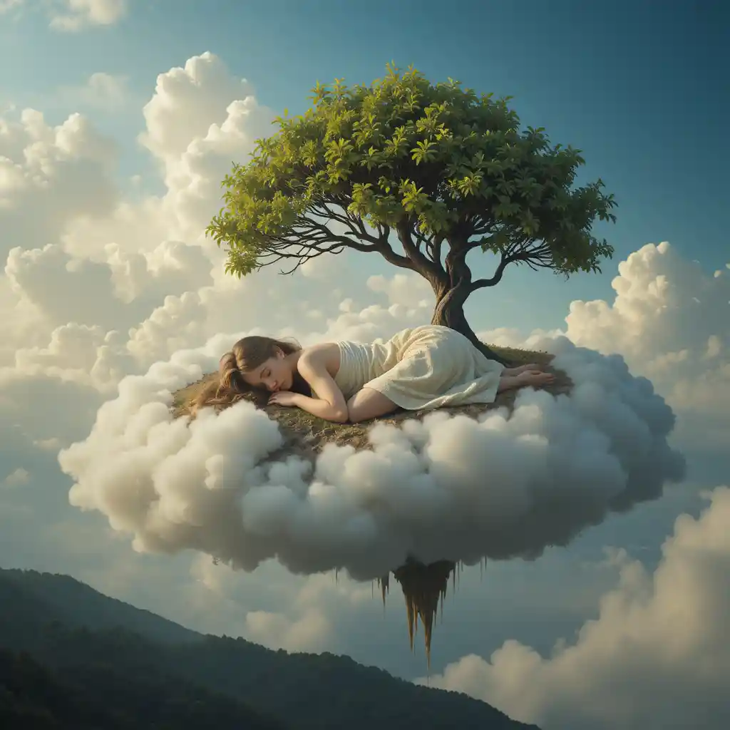 Ragazza che Dorme su una Nuvola sopra un Albero sulla Cima di una Collina