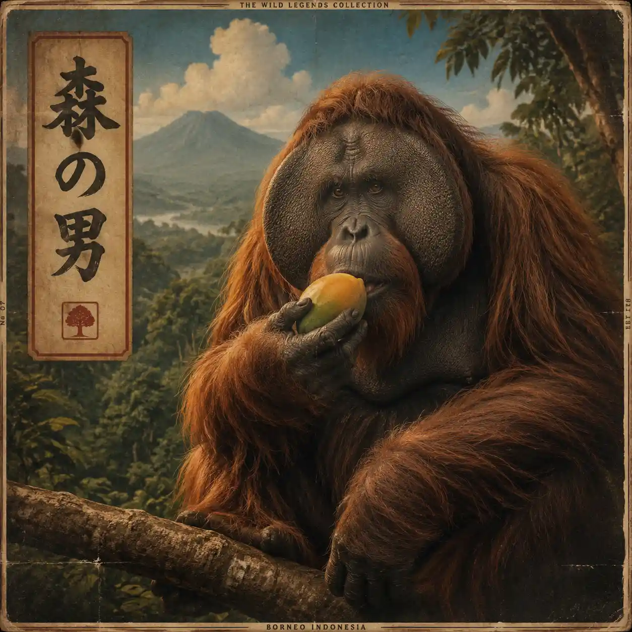 Elderly orangutan with mango in a lush Indonesian jungle