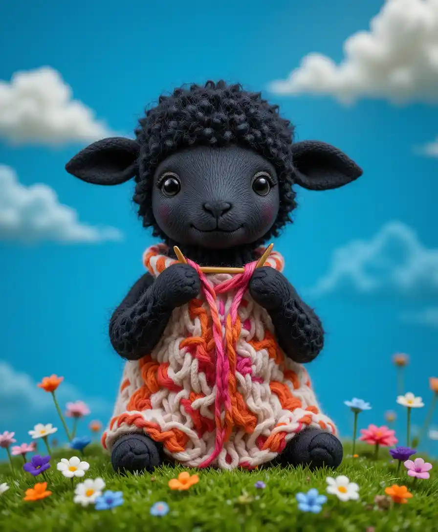 Needle felted black sheep knitting colorful wave patterned fabric