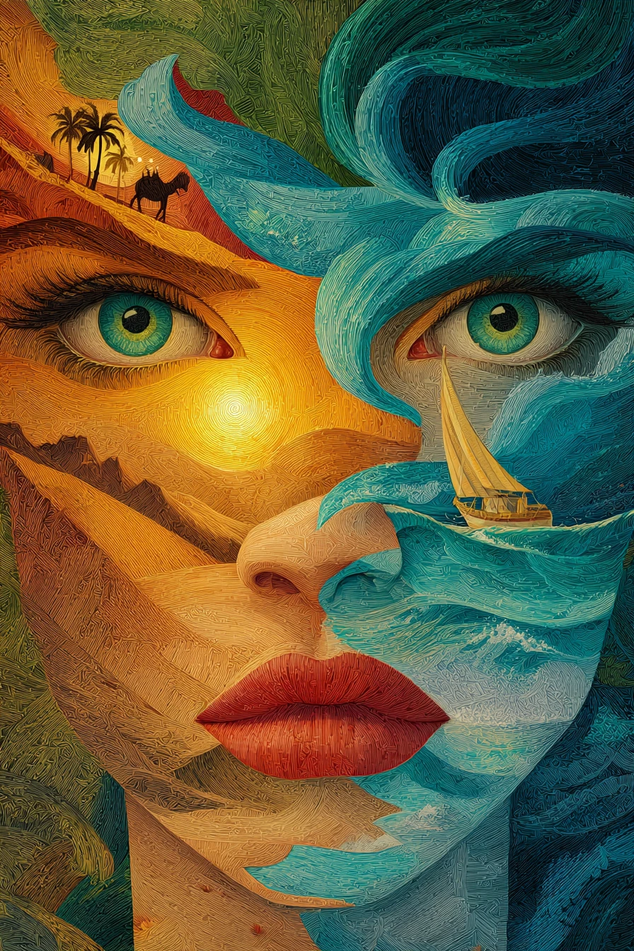 Retrato surreal de mujer que fusiona el sol del desierto y las olas del océano