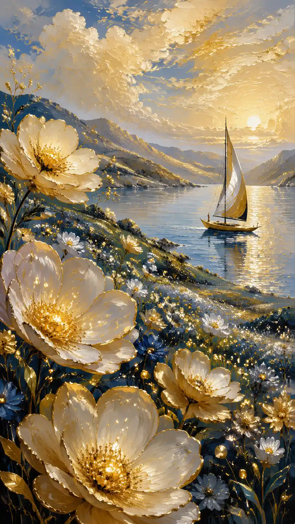 Colinas Fantásticas Serenas con Flores Brillantes y Velero