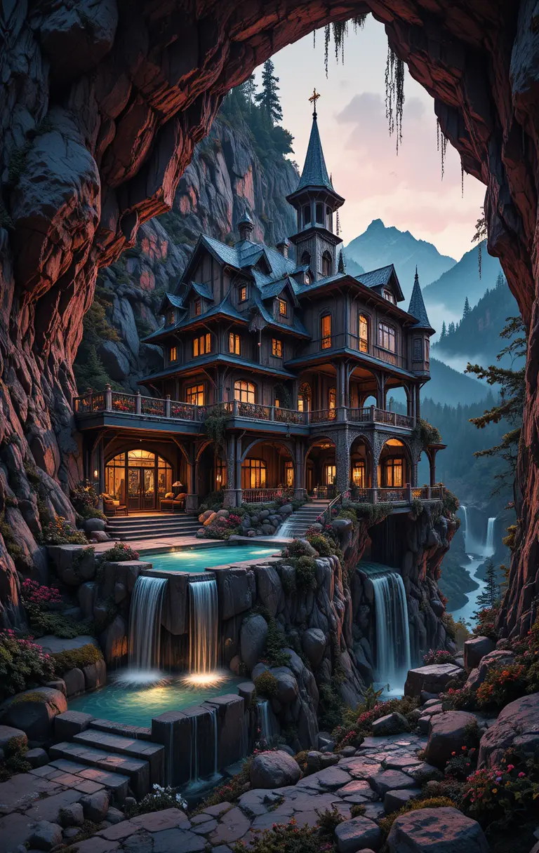 Casa de montaña fantástica con piscinas en cascada en el acantilado