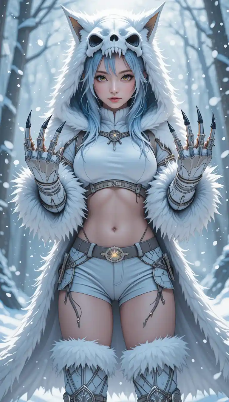 Wolf kin anime girl in glowing rune winter portrait