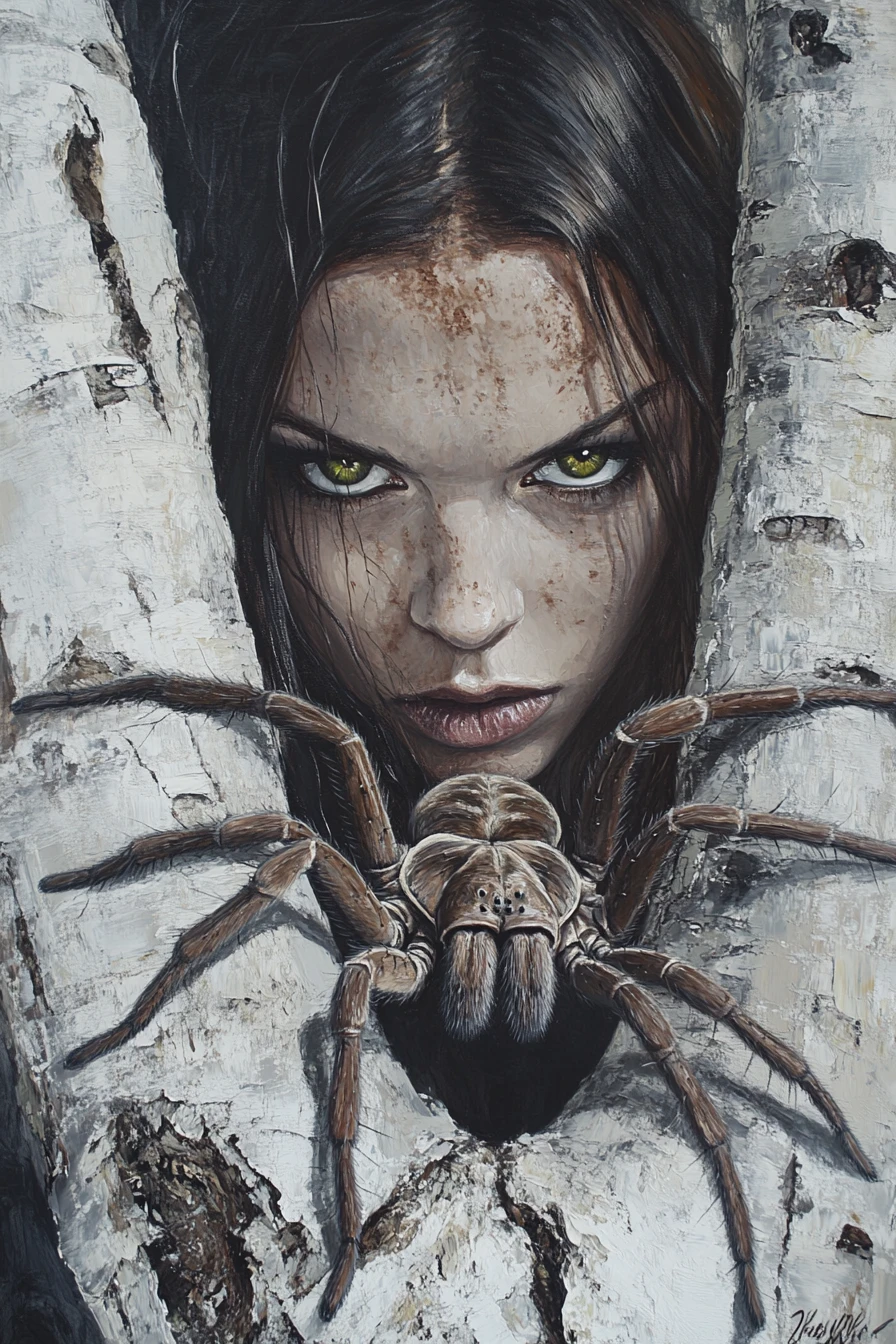 Sinister woman behind birch tree with giant tarantula