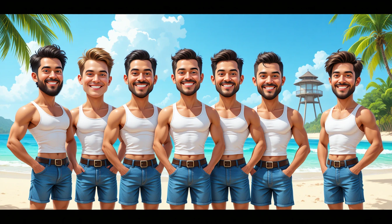 Six fit men posing together on a sunny tropical beach