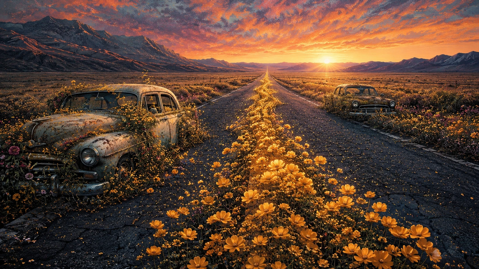 Lonely sunset highway fading into wildflower filled meadows