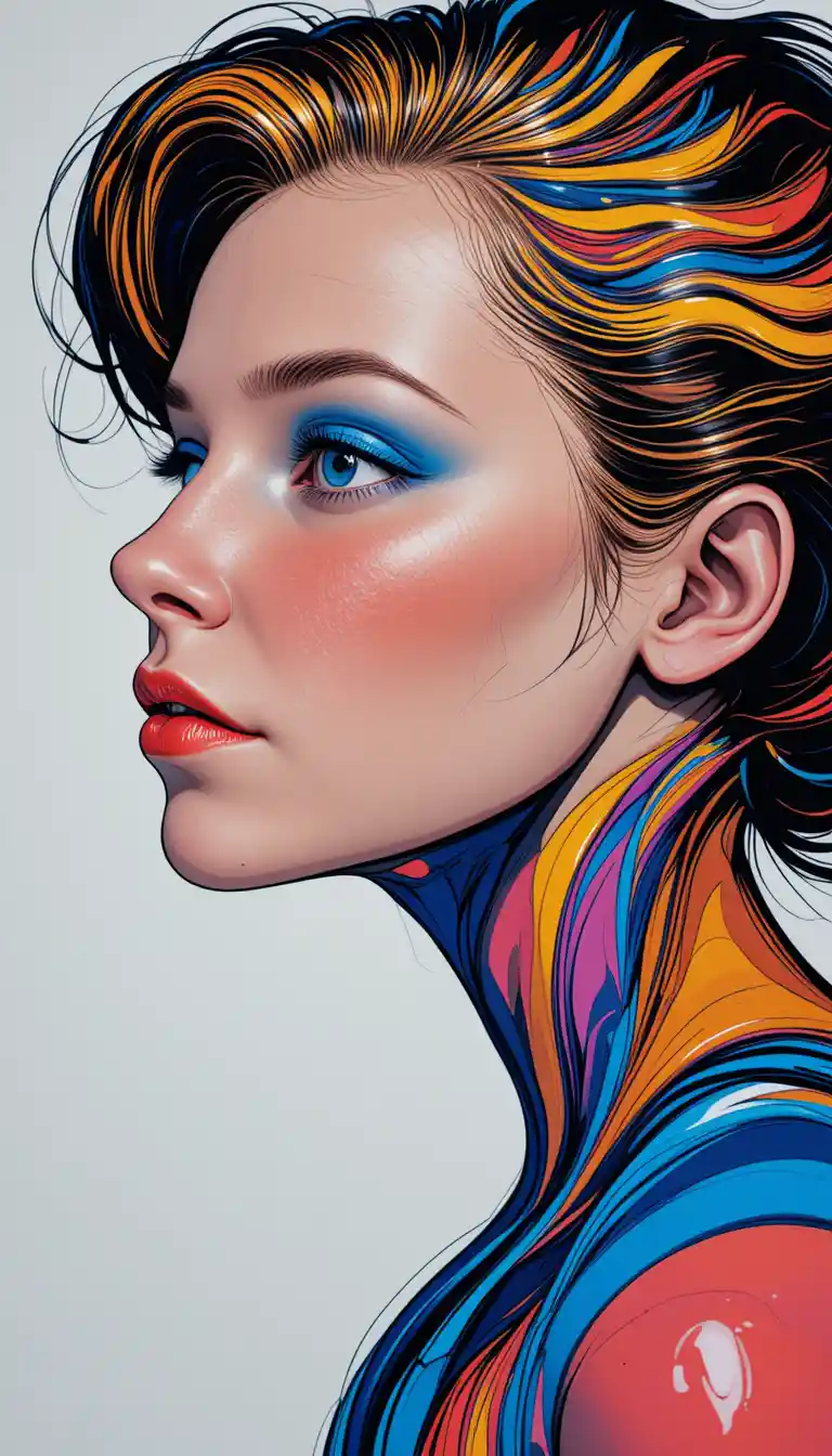Psychedelic female profile portrait with flowing abstract colors